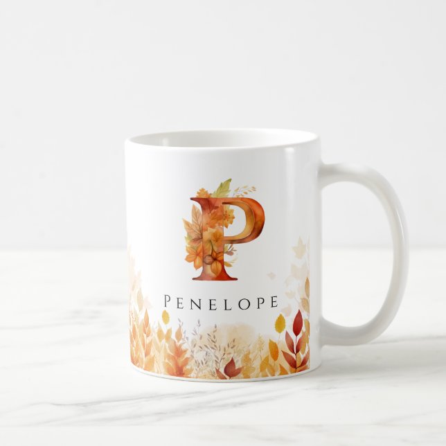 Monogram Fall Leaves Initial Letter P Coffee Mug (Right)