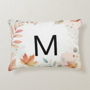 Monogram Fall leaves watercolor pastel colour Decorative Cushion
