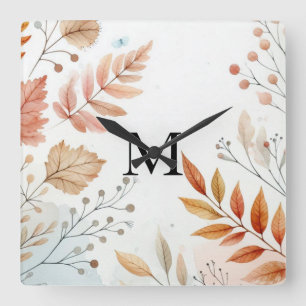 Monogram Fall leaves watercolor pastel colour Square Wall Clock