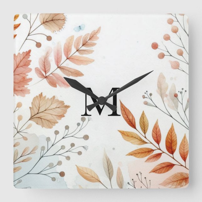 Monogram Fall leaves watercolor pastel colour  Square Wall Clock (Front)