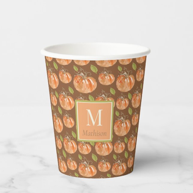 Monogram Fall Pumpkin Pattern Paper Cups (Front)