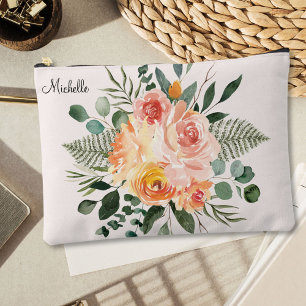 Monogram Fall Watercolor Rustic Pink Peach Flower Accessory Pouch