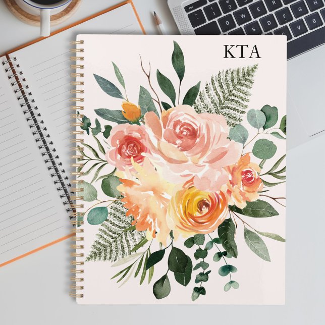 Monogram Fall Watercolor Rustic Pink Peach Flower Planner (In situ)