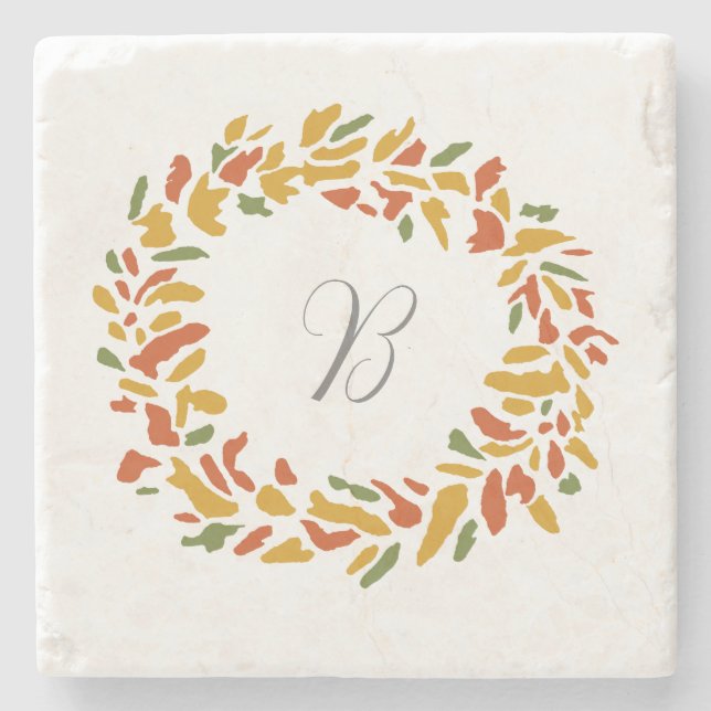 Monogram Fall Wreath Custom Autumn Painting Stone Coaster (Front)