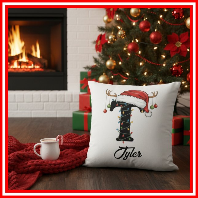 Monogram Family Christmas Antlers Santa Hat  Cushion (Creator Uploaded)