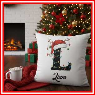 Monogram Family Christmas Antlers Santa Hat Cushion