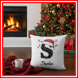 Monogram Family Christmas Antlers Santa Hat  Cushion