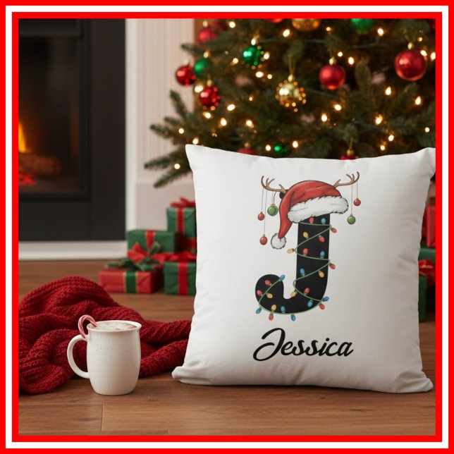 Monogram Family Christmas Antlers Santa Hat  Cushion (Creator Uploaded)