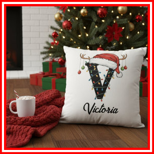 Monogram Family Christmas Antlers Santa Hat  Cushion