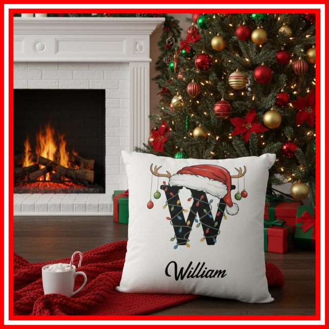 Monogram Family Christmas Antlers Santa Hat  Cushion (Creator Uploaded)