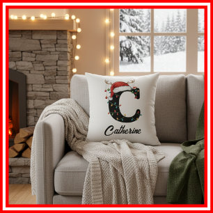 Monogram Family Christmas Antlers Santa Hat Cushion