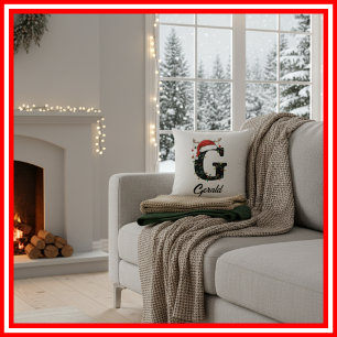 Monogram Family Christmas Antlers Santa Hat  Cushion