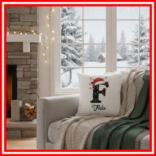 Monogram Family Christmas Antlers Santa Hat  Cushion