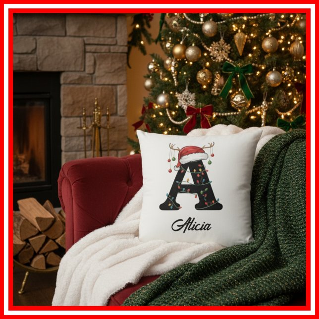 Monogram Family Christmas Antlers Santa Hat  Cushion (Creator Uploaded)