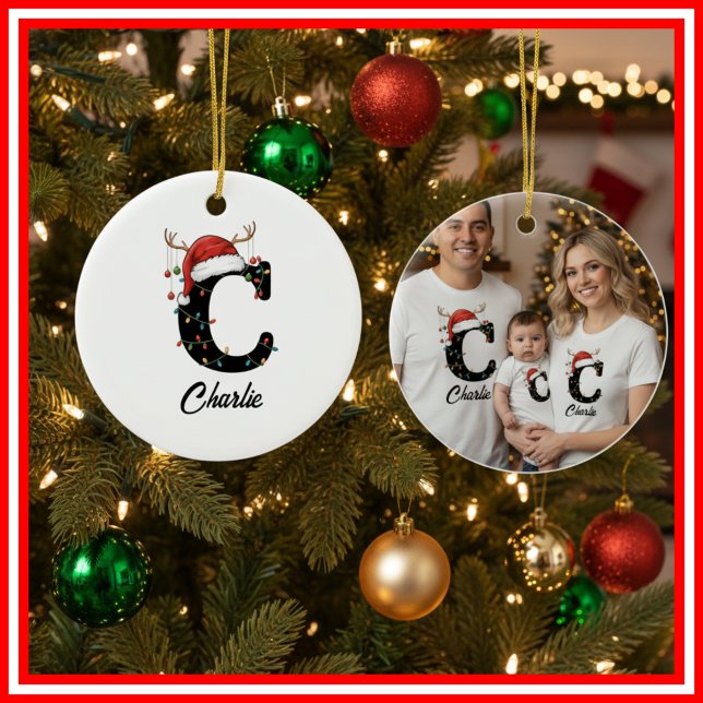Monogram Family Christmas Antlers Santa Hat PHOTO Ceramic Tree Decoration (Creator Uploaded)