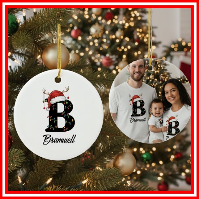Monogram Family Christmas Antlers Santa Hat PHOTO Ceramic Tree Decoration (Creator Uploaded)