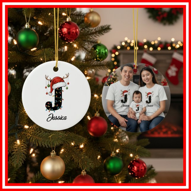 Monogram Family Christmas Antlers Santa Hat PHOTO Ceramic Tree Decoration (Creator Uploaded)