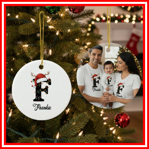 Monogram Family Christmas Antlers Santa Hat PHOTO Ceramic Tree Decoration