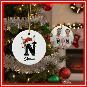 Monogram Family Christmas Antlers Santa Hat PHOTO Ceramic Tree Decoration