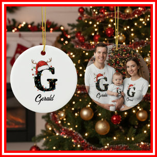 Monogram Family Christmas Antlers Santa Hat PHOTO Ceramic Tree Decoration