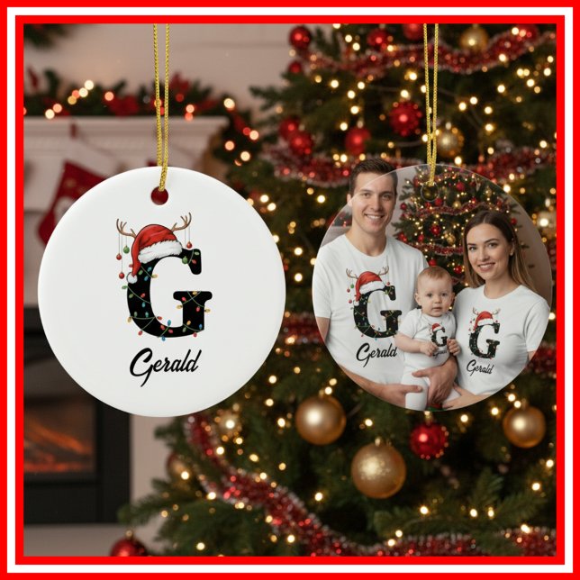 Monogram Family Christmas Antlers Santa Hat PHOTO Ceramic Tree Decoration (Creator Uploaded)