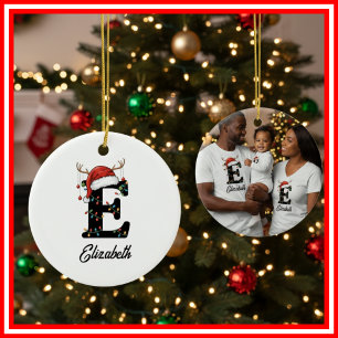 Monogram Family Christmas Antlers Santa Hat PHOTO Ceramic Tree Decoration