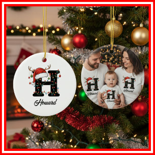 Monogram Family Christmas Antlers Santa Hat PHOTO Ceramic Tree Decoration