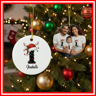 Monogram Family Christmas Antlers Santa Hat PHOTO Ceramic Tree Decoration