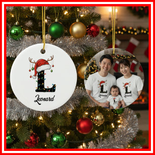 Monogram Family Christmas Antlers Santa Hat PHOTO Ceramic Tree Decoration
