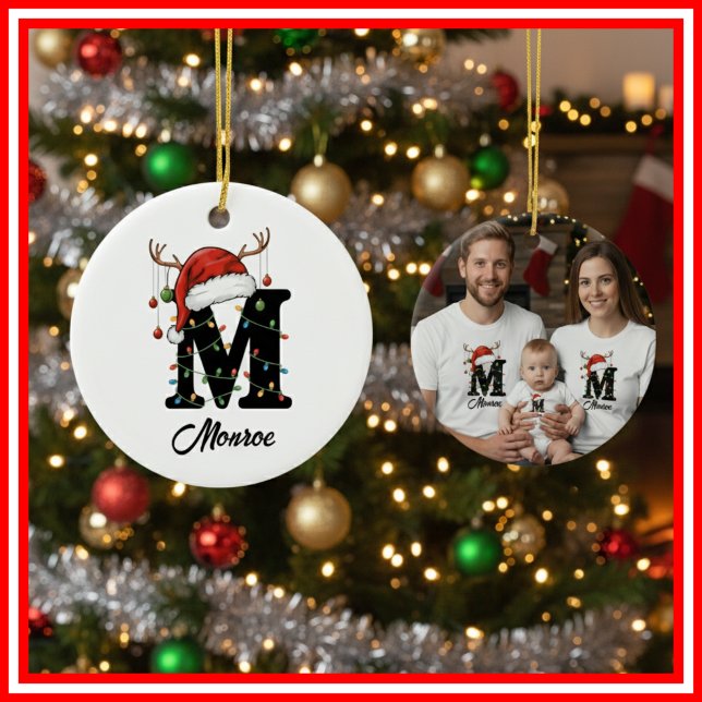 Monogram Family Christmas Antlers Santa Hat PHOTO Ceramic Tree Decoration (Creator Uploaded)