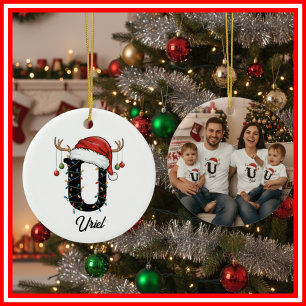 Monogram Family Christmas Antlers Santa Hat PHOTO Ceramic Tree Decoration
