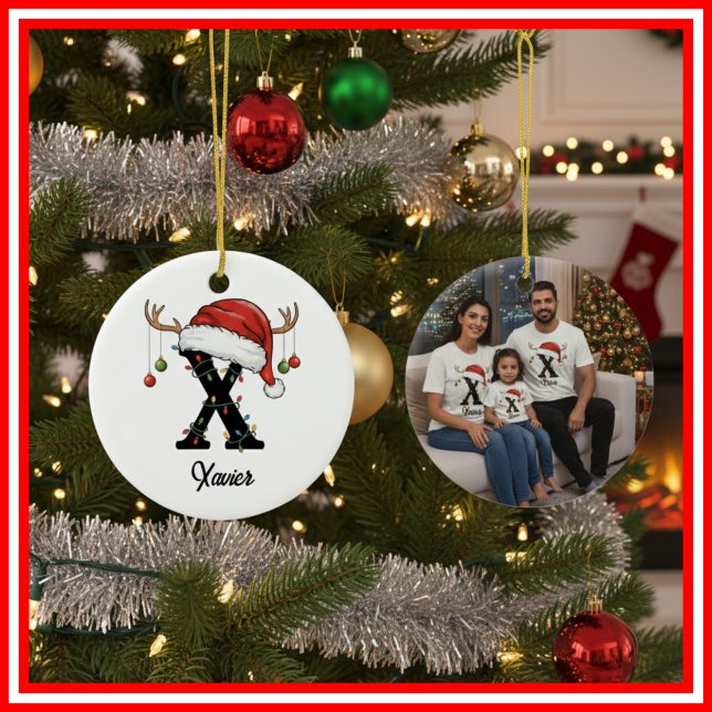 Monogram Family Christmas Antlers Santa Hat PHOTO Ceramic Tree Decoration (Creator Uploaded)