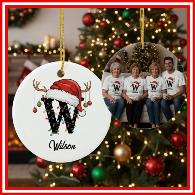 Monogram Family Christmas Antlers Santa Hat PHOTO Ceramic Tree Decoration (Creator Uploaded)