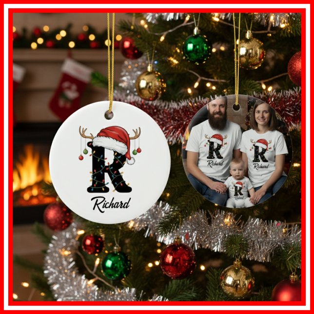 Monogram Family Christmas Antlers Santa Hat PHOTO Ceramic Tree Decoration (Creator Uploaded)