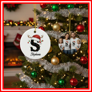 Monogram Family Christmas Antlers Santa Hat PHOTO Ceramic Tree Decoration