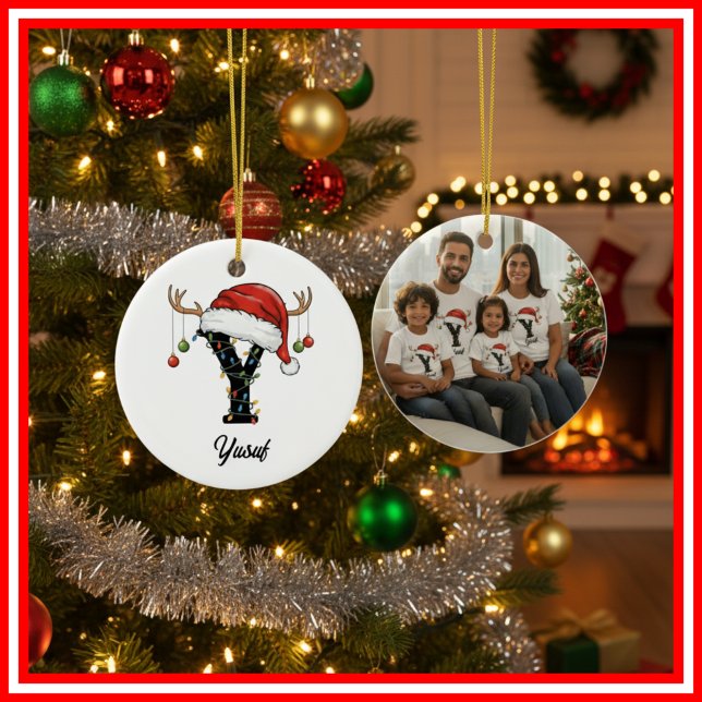 Monogram Family Christmas Antlers Santa Hat PHOTO Ceramic Tree Decoration (Creator Uploaded)