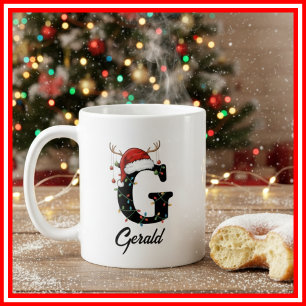Monogram Family Christmas Antlers Santa Hat PHOTO Coffee Mug