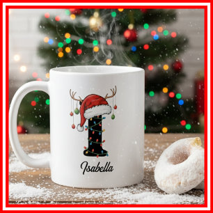 Monogram Family Christmas Antlers Santa Hat PHOTO Coffee Mug