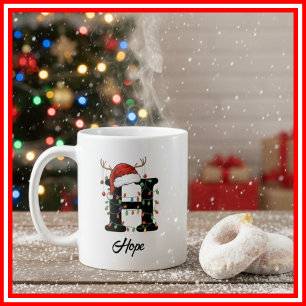 Monogram Family Christmas Antlers Santa Hat PHOTO Coffee Mug
