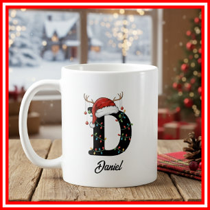 Monogram Family Christmas Antlers Santa Hat PHOTO Coffee Mug