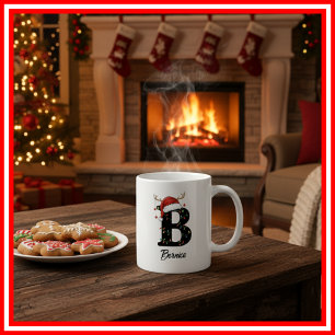 Monogram Family Christmas Antlers Santa Hat PHOTO Coffee Mug