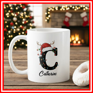 Monogram Family Christmas Antlers Santa Hat PHOTO Coffee Mug