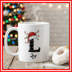Monogram Family Christmas Antlers Santa Hat PHOTO Coffee Mug