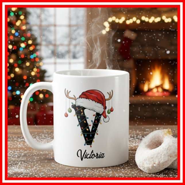 Monogram Family Christmas Antlers Santa Hat PHOTO Coffee Mug (Creator Uploaded)
