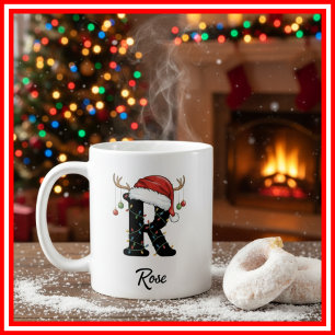 Monogram Family Christmas Antlers Santa Hat PHOTO Coffee Mug