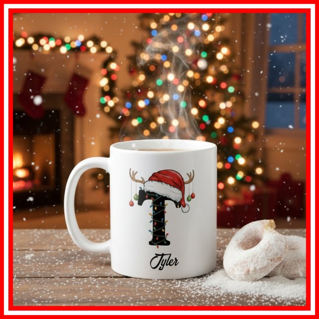 Monogram Family Christmas Antlers Santa Hat PHOTO Coffee Mug (Creator Uploaded)