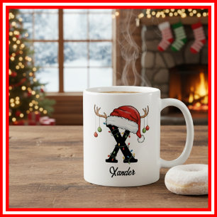 Monogram Family Christmas Antlers Santa Hat PHOTO Coffee Mug