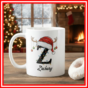 Monogram Family Christmas Antlers Santa Hat PHOTO Coffee Mug