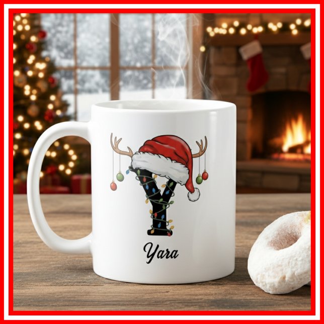 Monogram Family Christmas Antlers Santa Hat PHOTO Coffee Mug (Creator Uploaded)