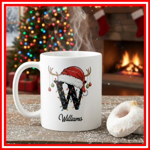 Monogram Family Christmas Antlers Santa Hat PHOTO Coffee Mug